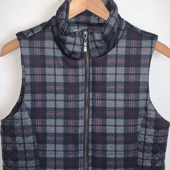 Puffer Zip Vest Small Blue Purple Quilted Plaid Pockets New Lemon Tart Womens - Picture 6 of 8